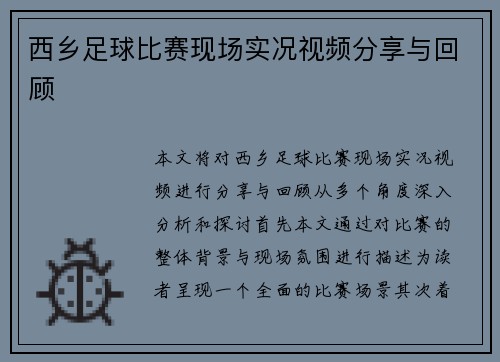西乡足球比赛现场实况视频分享与回顾